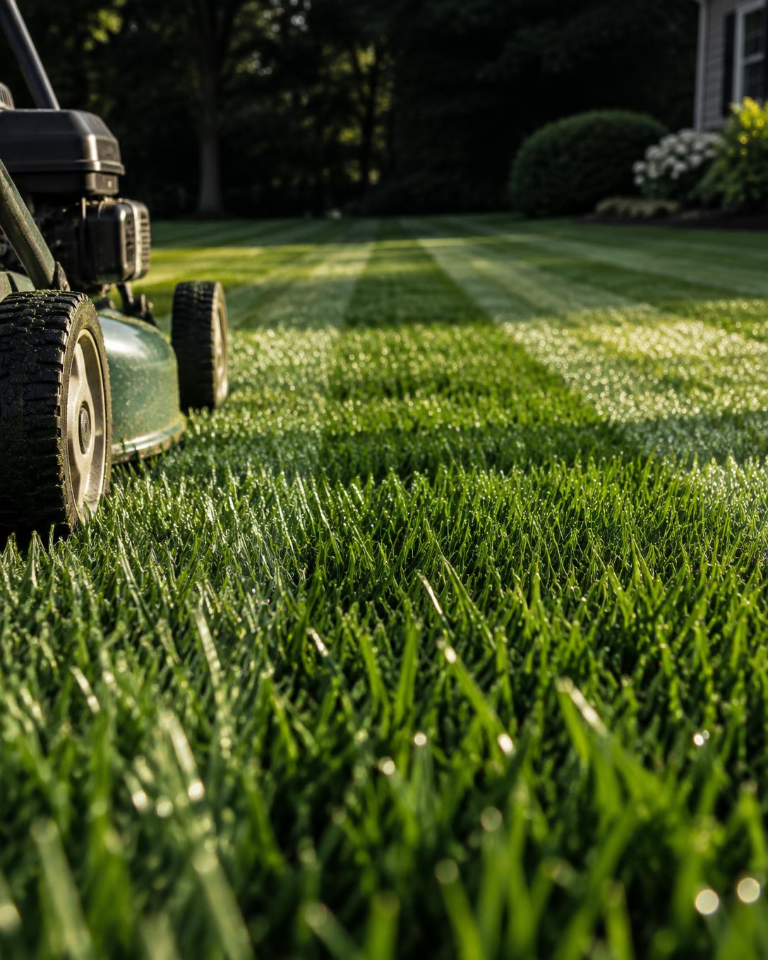 A deep green lawn being mowed in early morning light